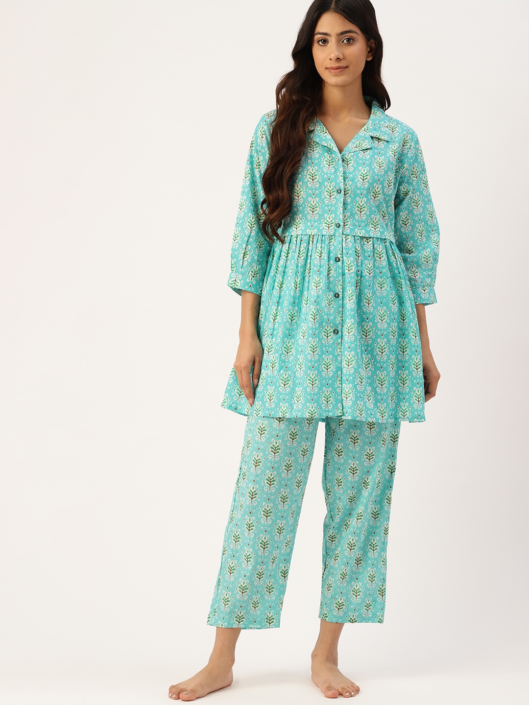 

ETC Printed Pure Cotton Night Suit, Turquoise blue