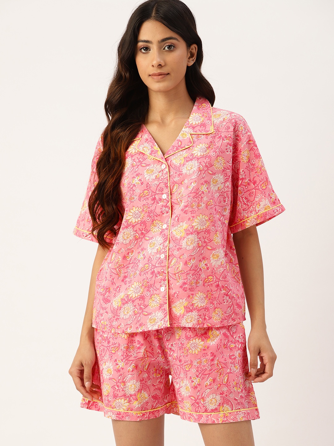 

ETC Women Pure Cotton Printed Night Suit, Pink