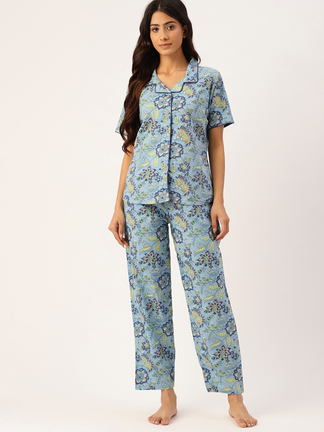 

ETC Women Pure Cotton Printed Night Suit, Blue
