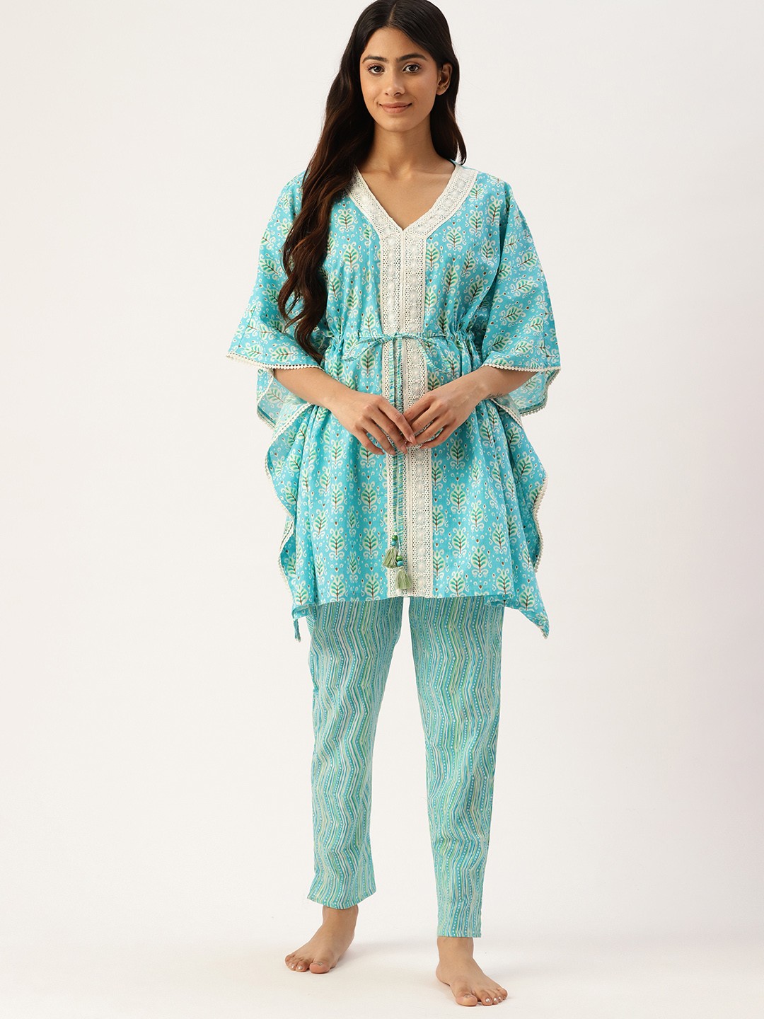 

ETC Printed Pure Cotton Night Suit, Turquoise blue