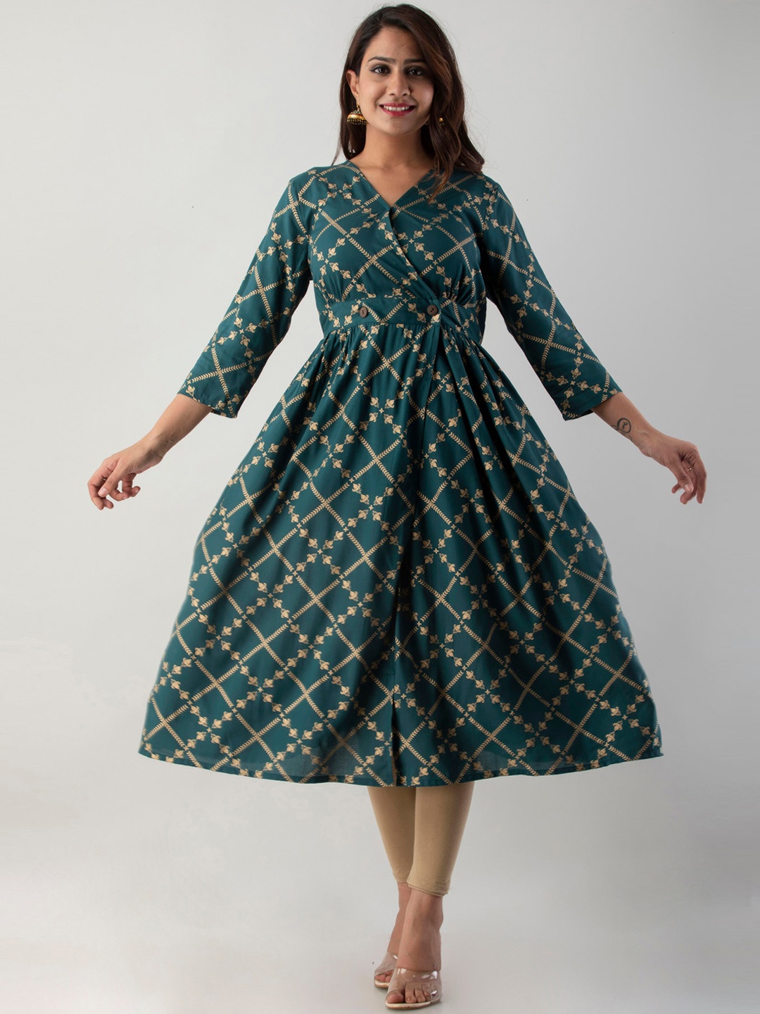 

Sutidora Printed A-Line Ethnic Dress, Green