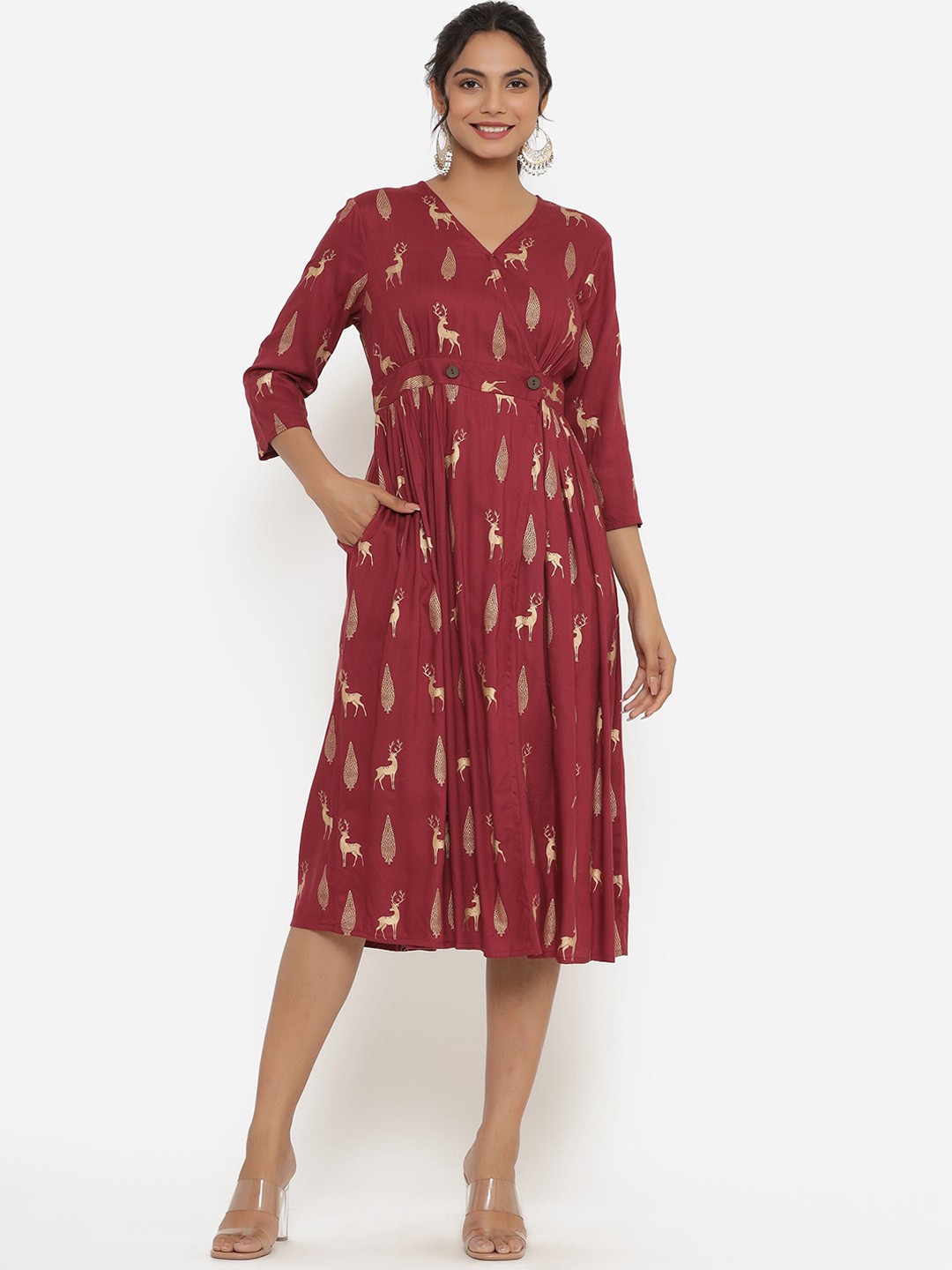 

Sutidora Printed V Neck Flared Dress, Maroon