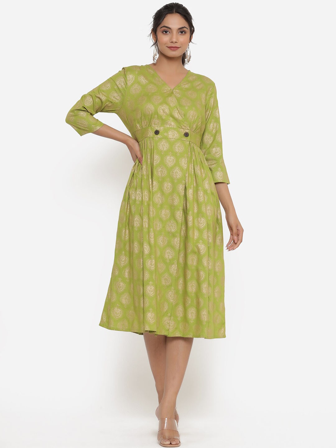 

Sutidora Printed Flared Dress, Lime green