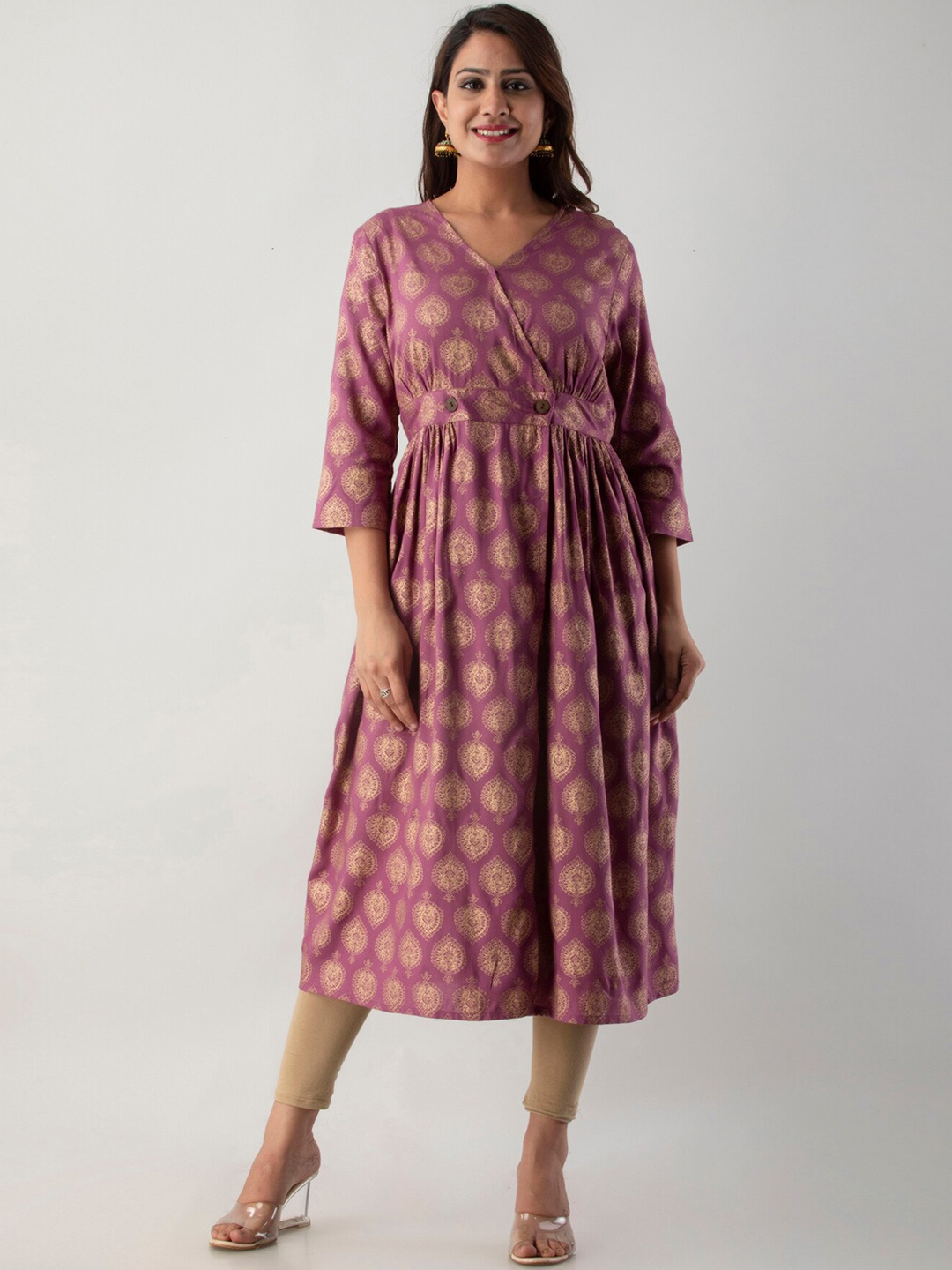 

Sutidora Printed V Neck Flared Dress, Purple