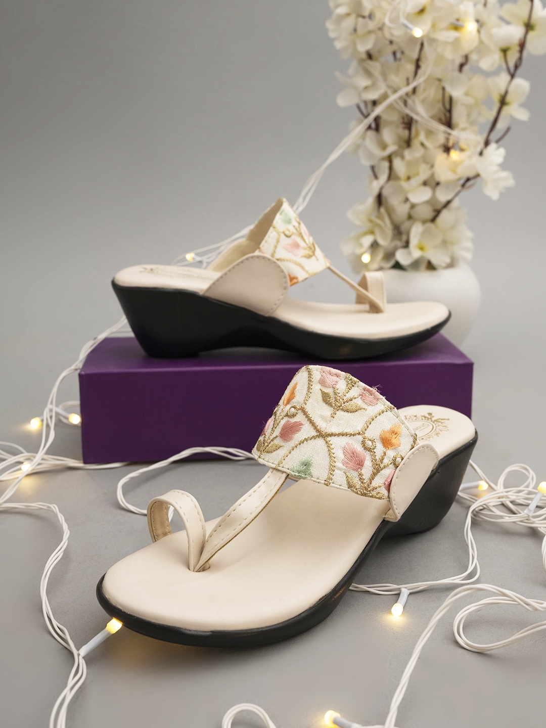 

Shoetopia Women Ethnic One Toe Wedge Heels, Cream