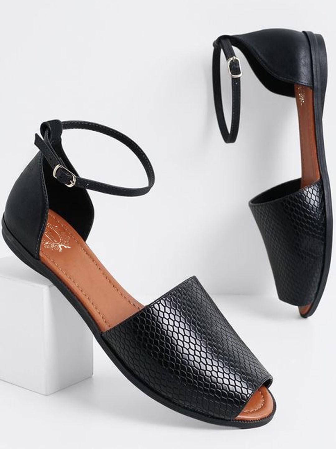 

Shoetopia Women Textured Open Toe Flats with Buckles, Black
