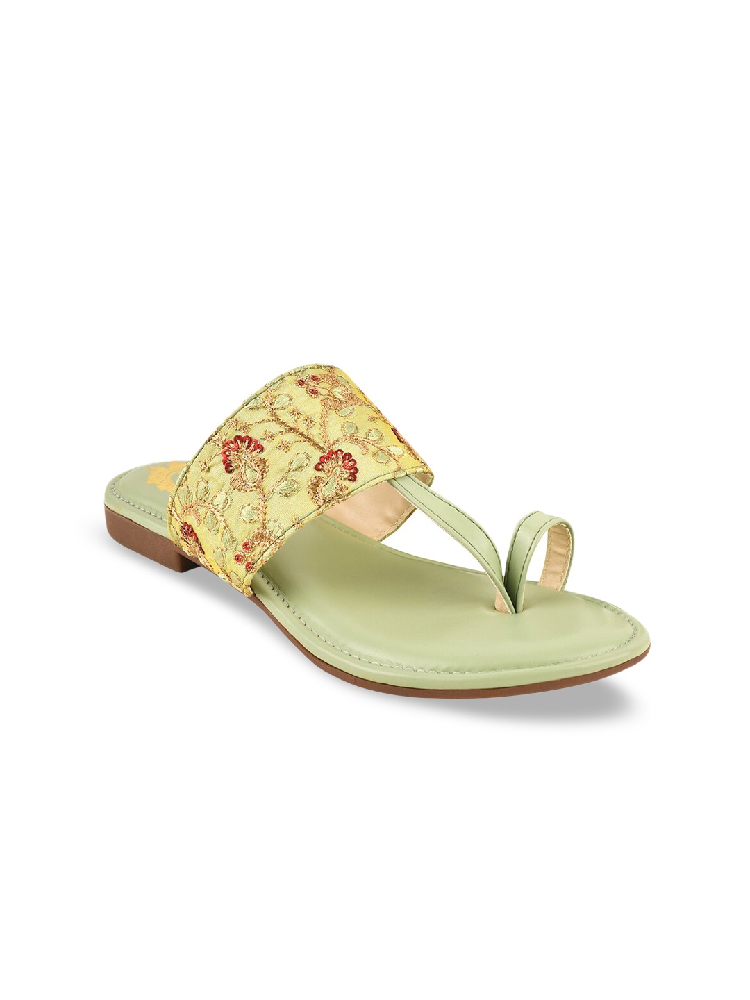 

Shoetopia Women Printed Leather Ethnic One Toe Flats with Tassels, Green