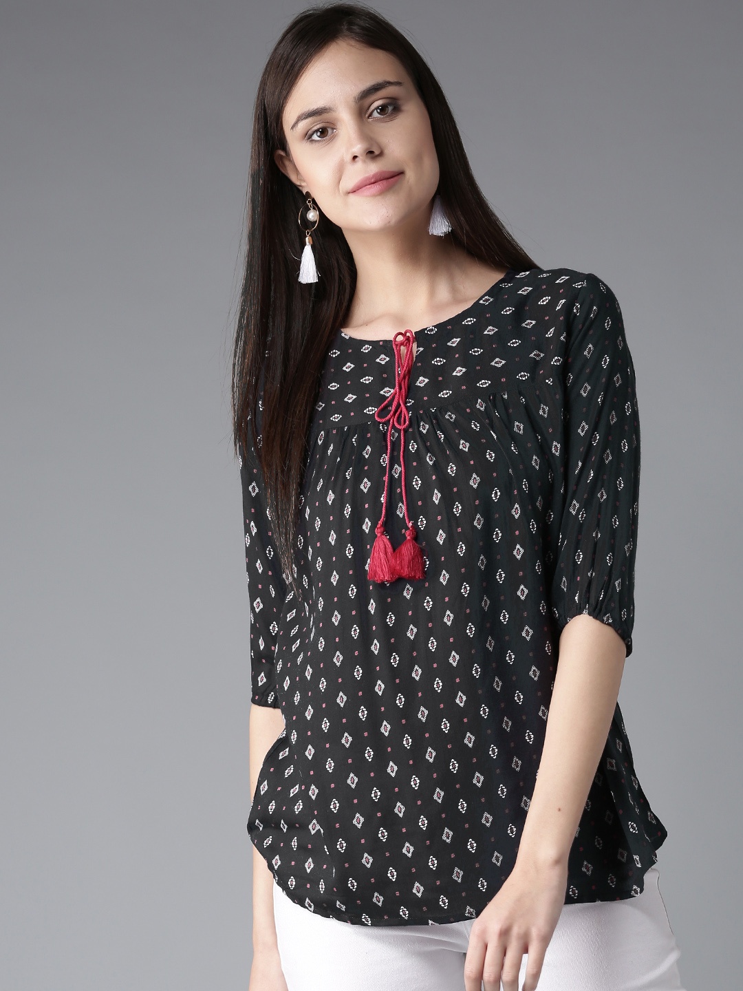 

HERE&NOW Women Charcoal Grey Printed Top