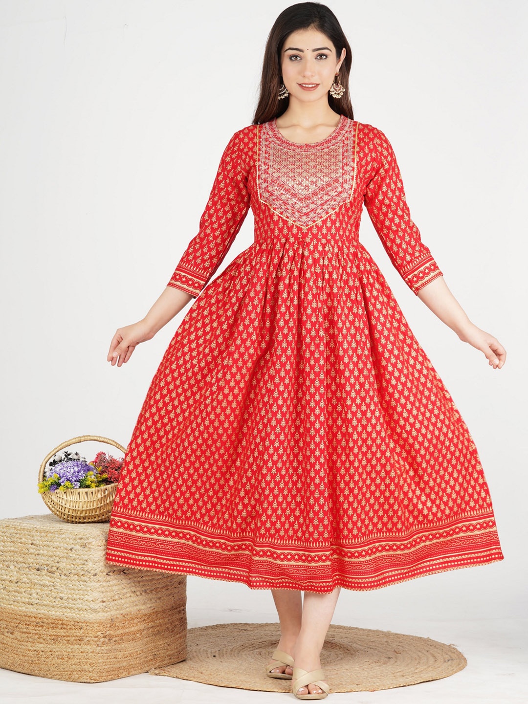 

JAIPURI COLLECTION Ethnic Motifs Yoke Design Anarkali Kurta, Red