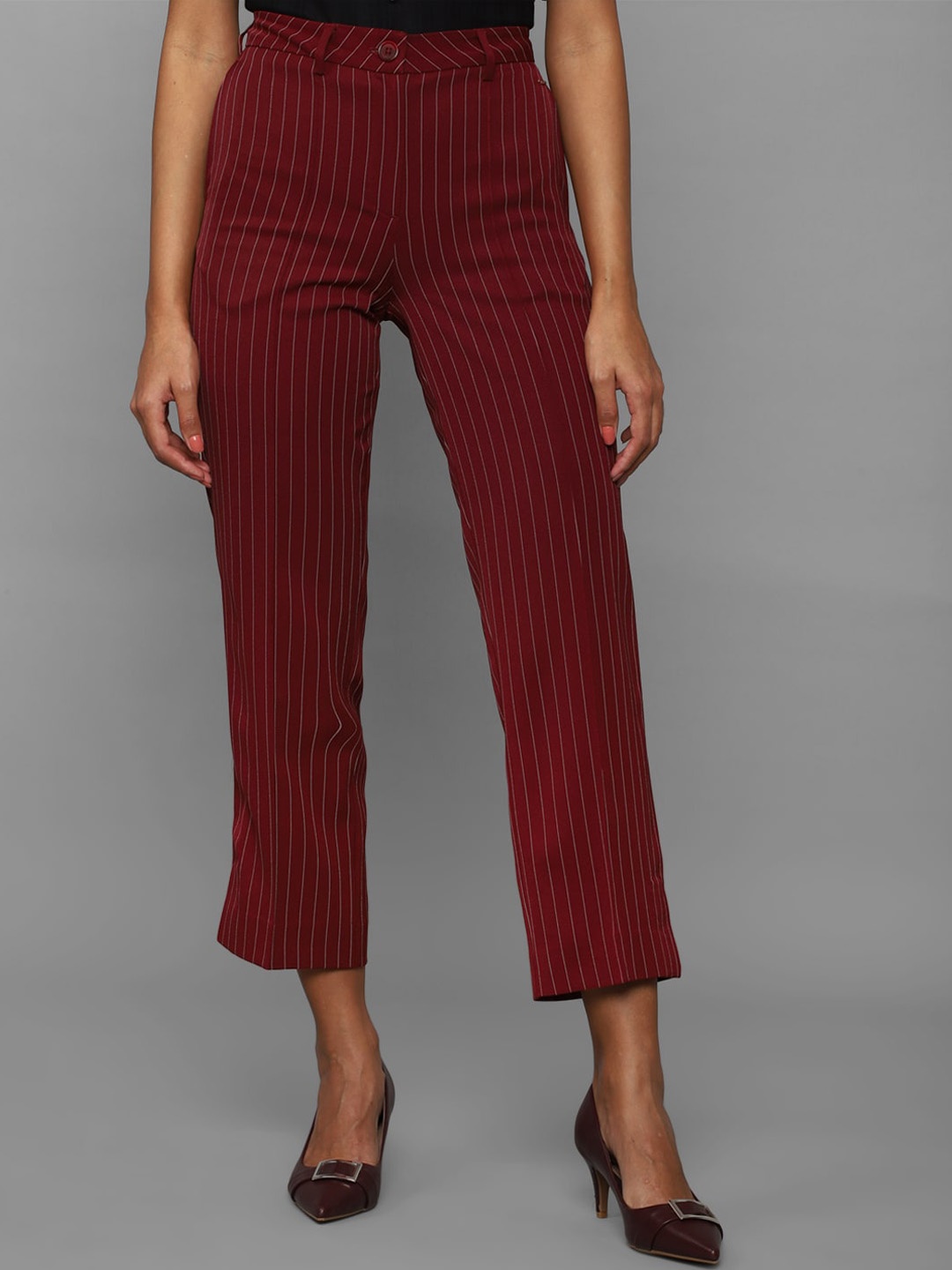 

Allen Solly Woman Striped Printed Regular Fit Trousers, Maroon