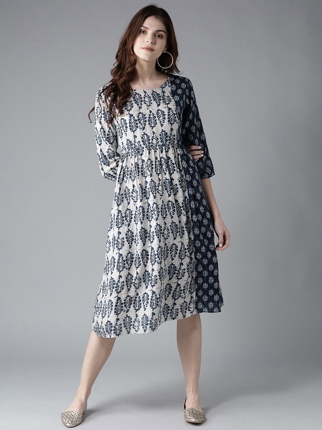 

HERE&NOW Women Navy & White Printed A-Line Dress, Navy blue