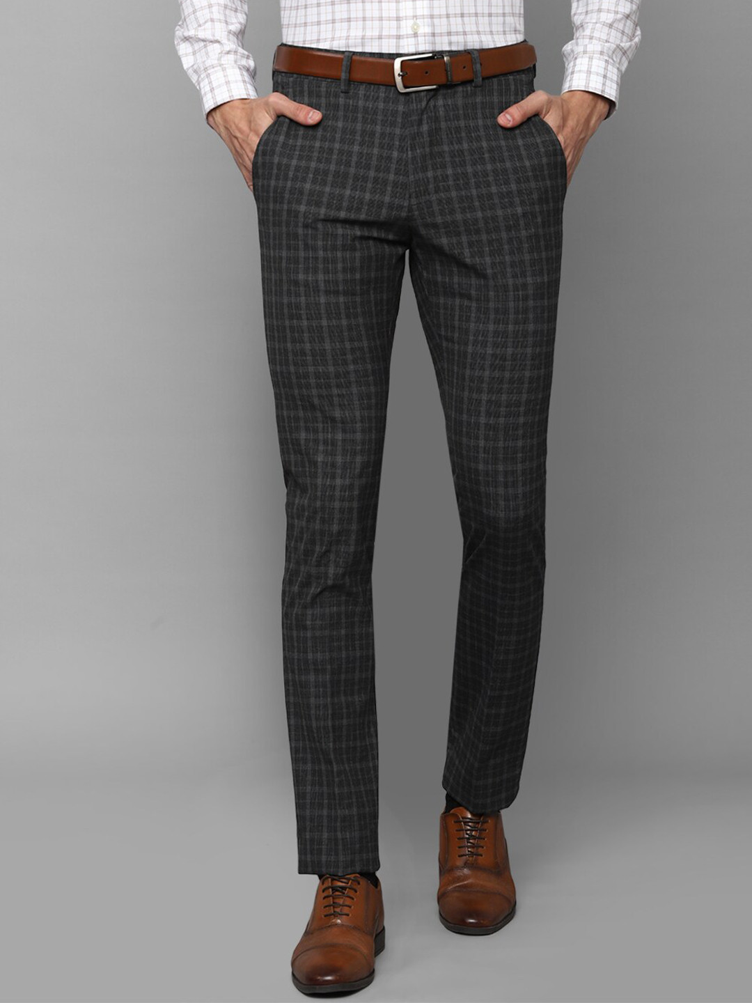

Louis Philippe Men Mid Rise Checked Slim Fit Formal Trousers, Grey