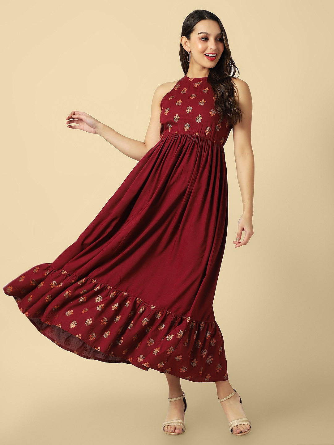 

DAEVISH Ethnic Motifs Printed Halter Neck Maxi Ethnic Dress, Maroon