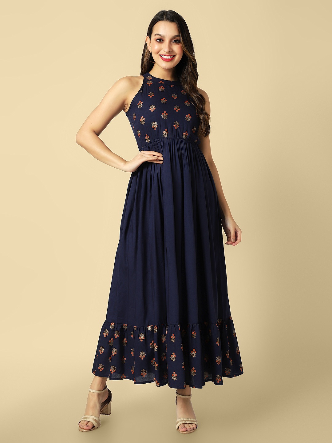 

DAEVISH A-Line Maxi Ethnic Dress, Navy blue