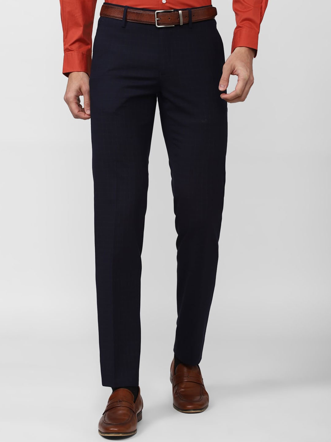 

Peter England Elite Men Slim Fit Checked Formal Trousers, Navy blue