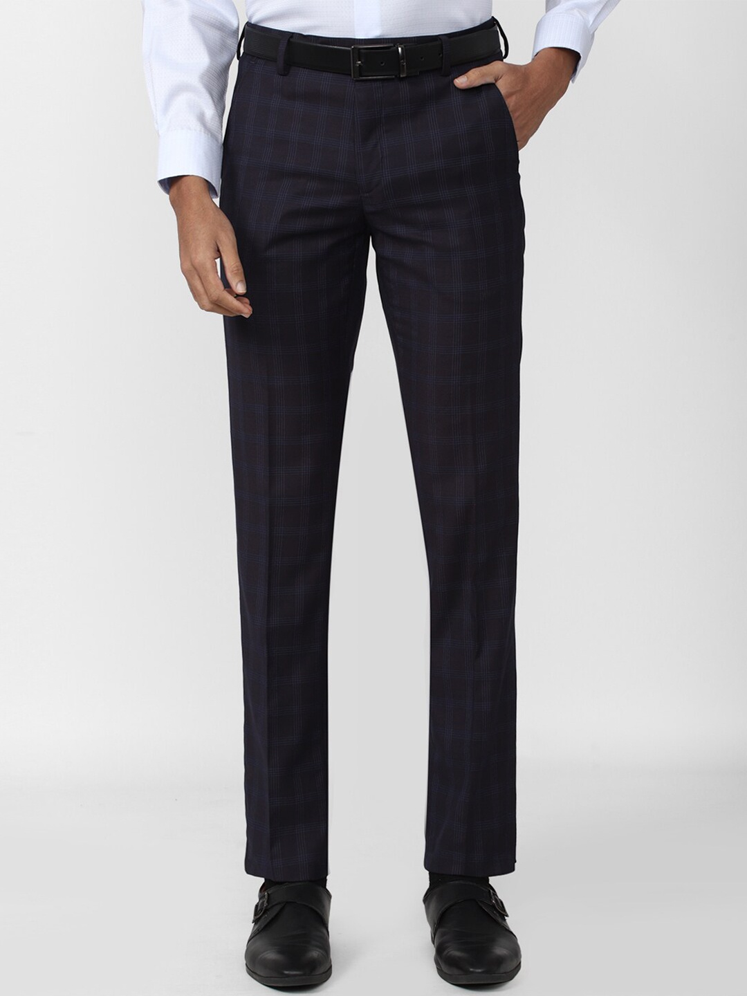 

Van Heusen Men Checked Slim Fit Formal Trousers, Navy blue