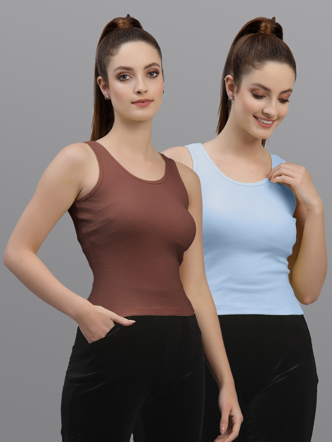 

Friskers Pack Of 2 Round Neck Cotton Tank Top, Brown