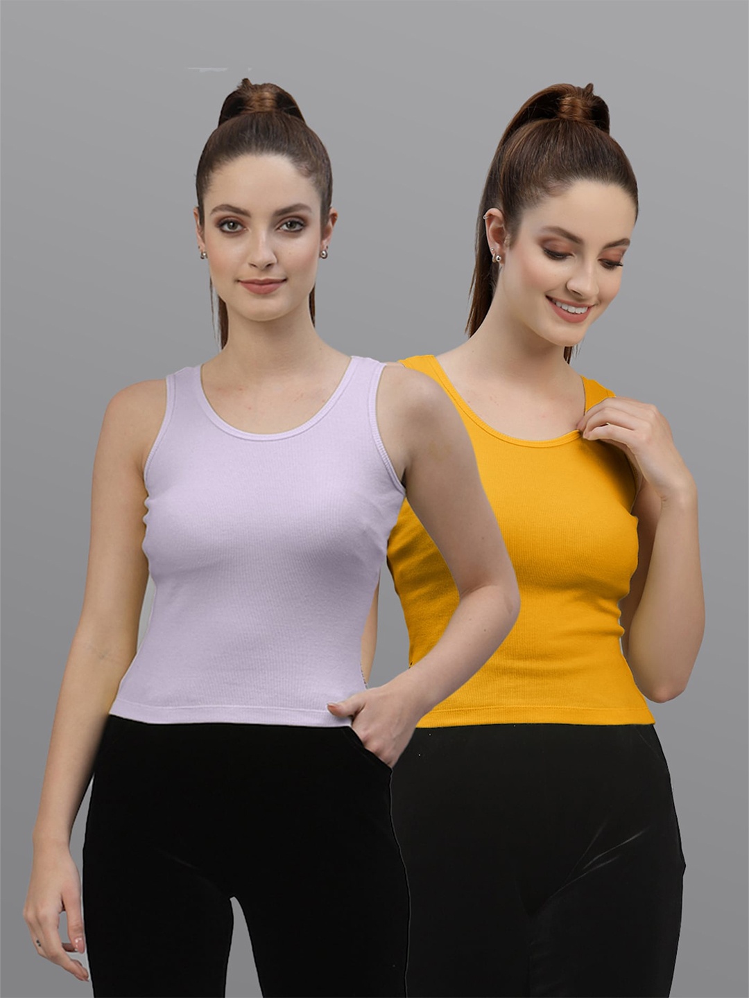 

Friskers Pack Of 2 Scoop Neck sleeveless Cotton Fitted Top, Mustard