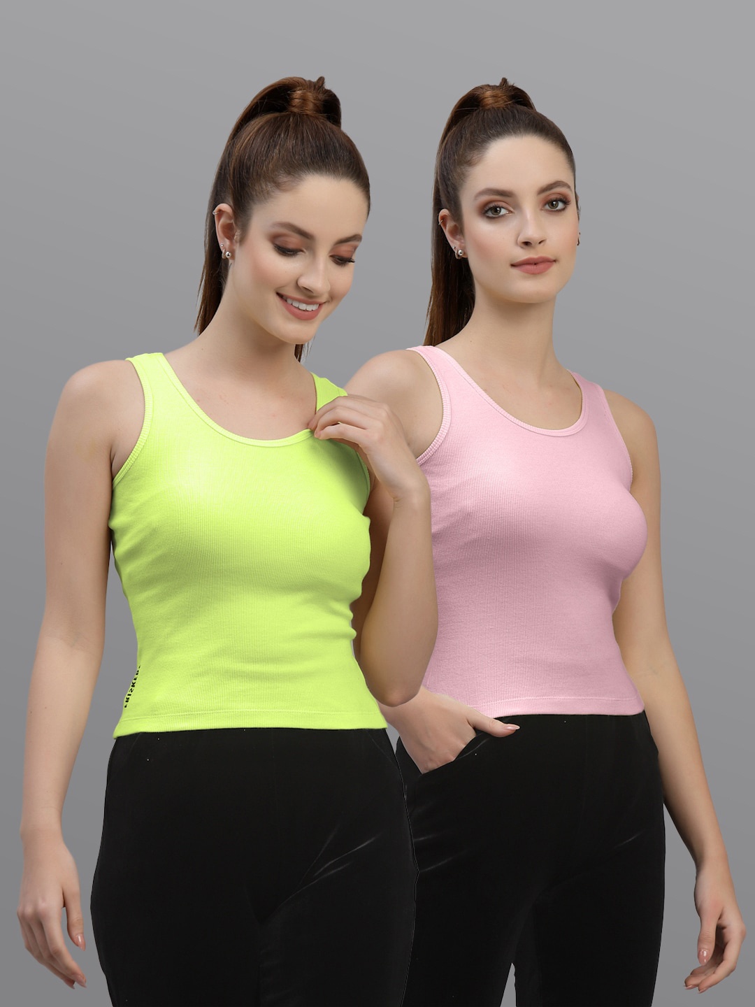 

Friskers Pack Of 2 Scoop Neck sleeveless Cotton Rib Fitted Top, Lime green