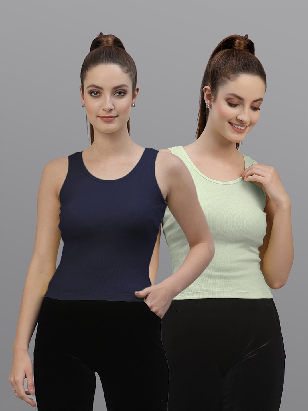 

Friskers Pack Of 2 Scoop Neck sleeveless Fitted Tops, Navy blue