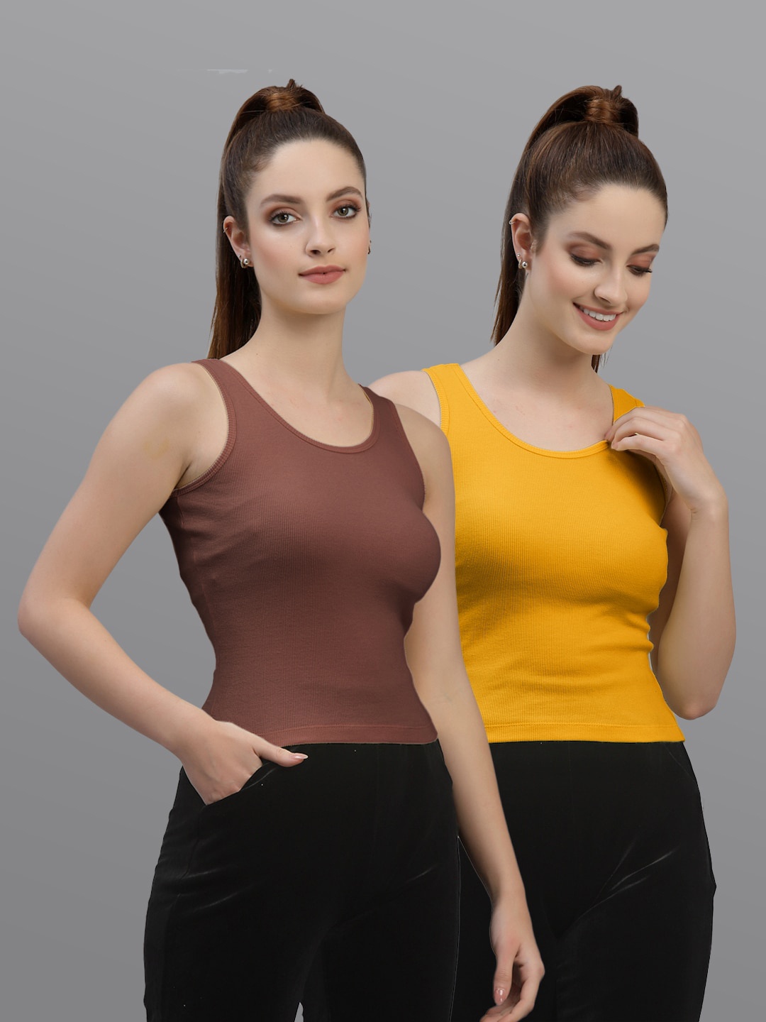 

Friskers Pack Of 2 Scoop Neck sleeveless Fitted Tops, Brown