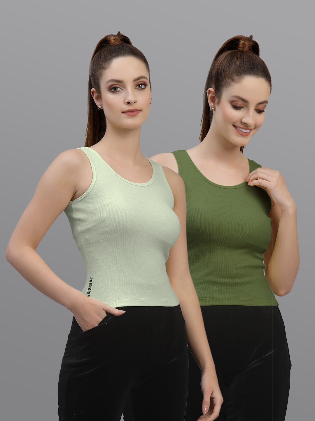 

Friskers Pack Of 2 Scoop Neck sleeveless Fitted Tops, Green