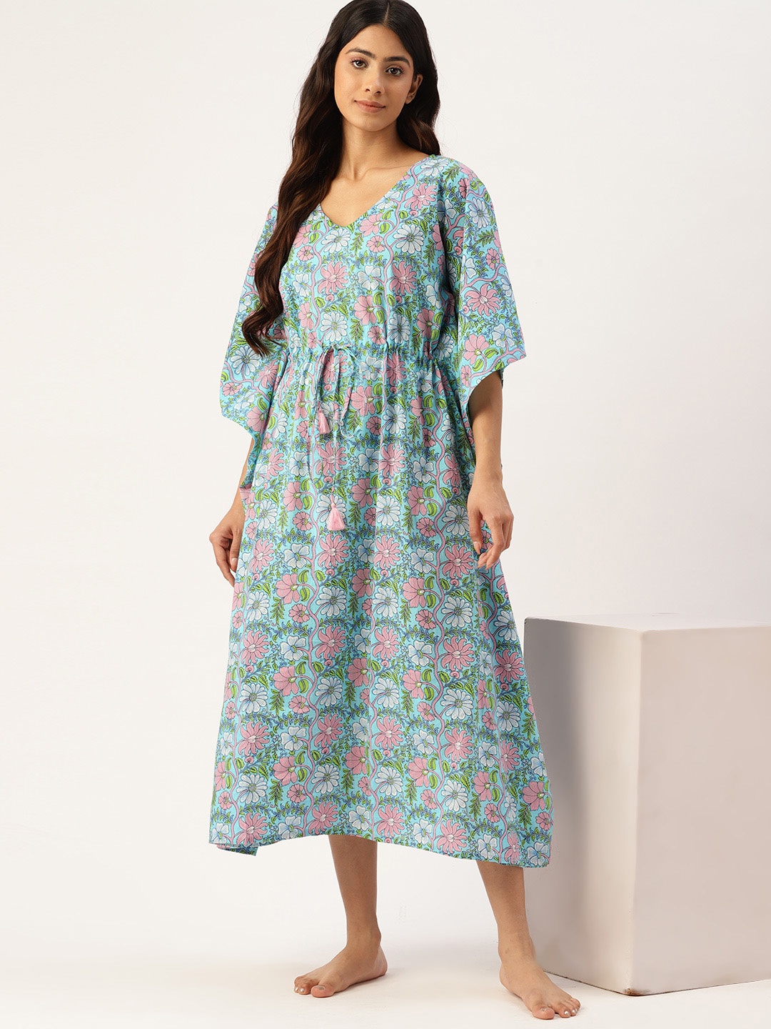 

ETC Printed Kaftan Pure Cotton Nightdress, Blue