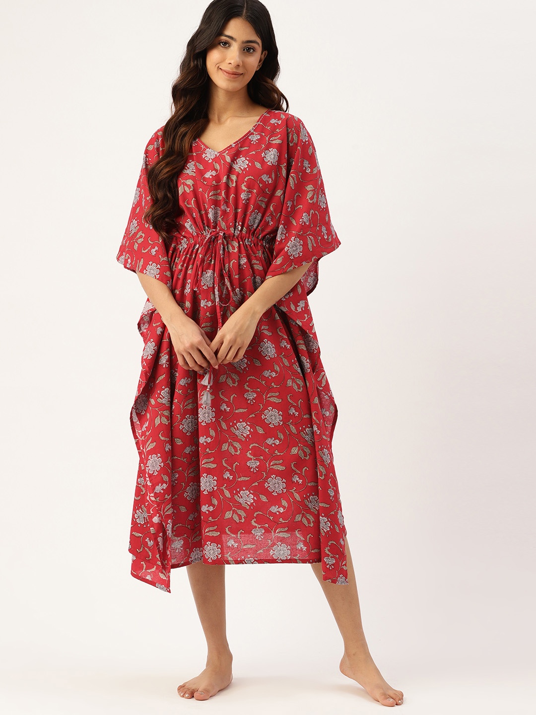 

ETC Printed Kaftan Pure Cotton Nightdress, Red