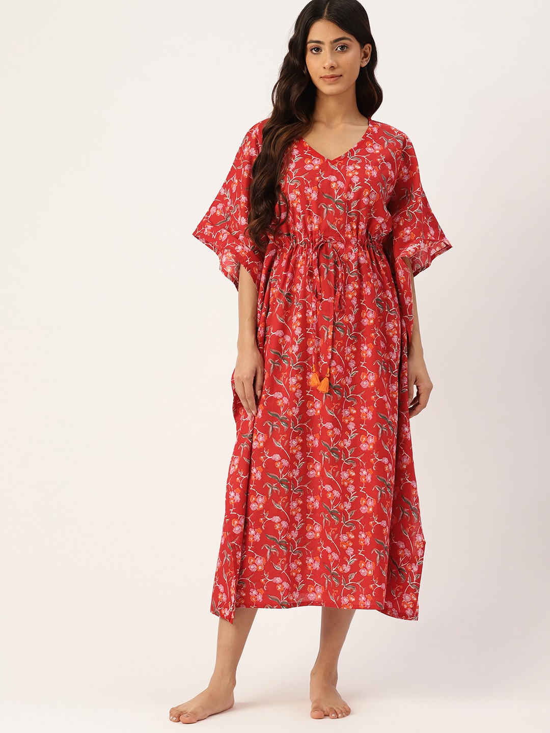 

ETC Printed Kaftan Pure Cotton Nightdress, Red