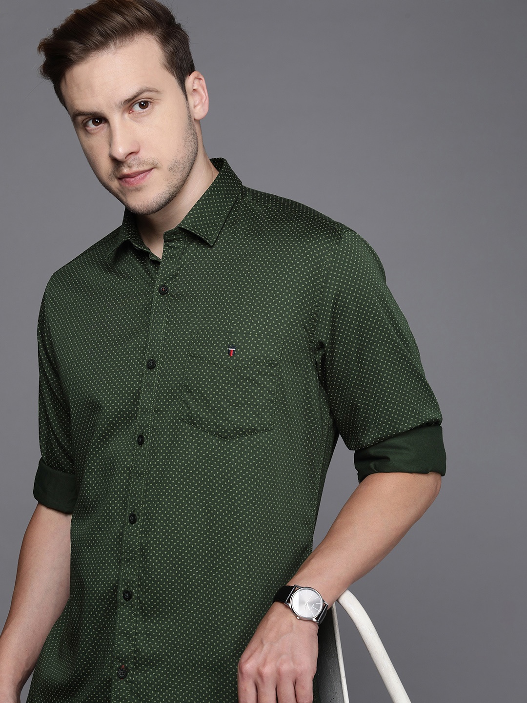

Louis Philippe Sport Pure Cotton Slim Fit Micro Printed Casual Shirt, Green