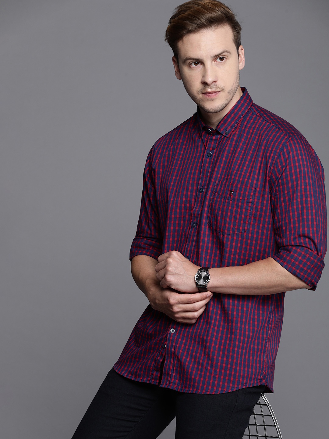 

Louis Philippe Sport Pure Cotton Slim Fit Checked Casual Shirt, Red