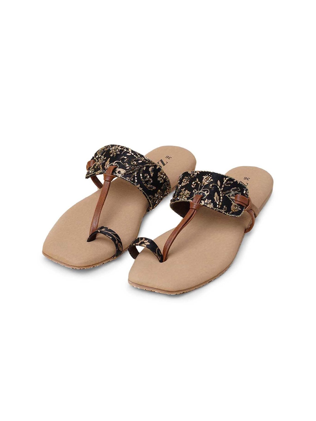 

ZOUK Embellished Ethnic One Toe Flats, Black