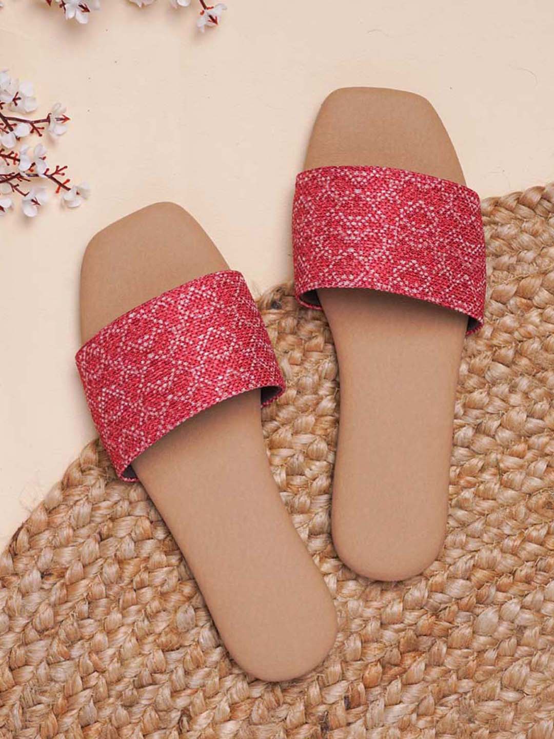 

ZOUK Printed Open Toe Flats, Red
