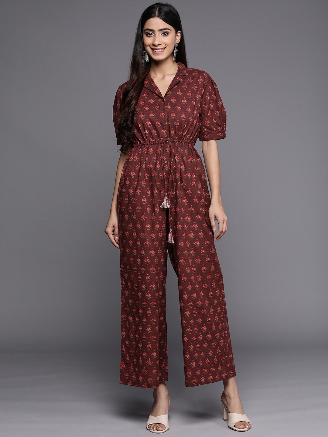 

Indo Era Printed Puff Sleeves Basic Jumpsuit With Waist Tie-Ups Detail, Maroon