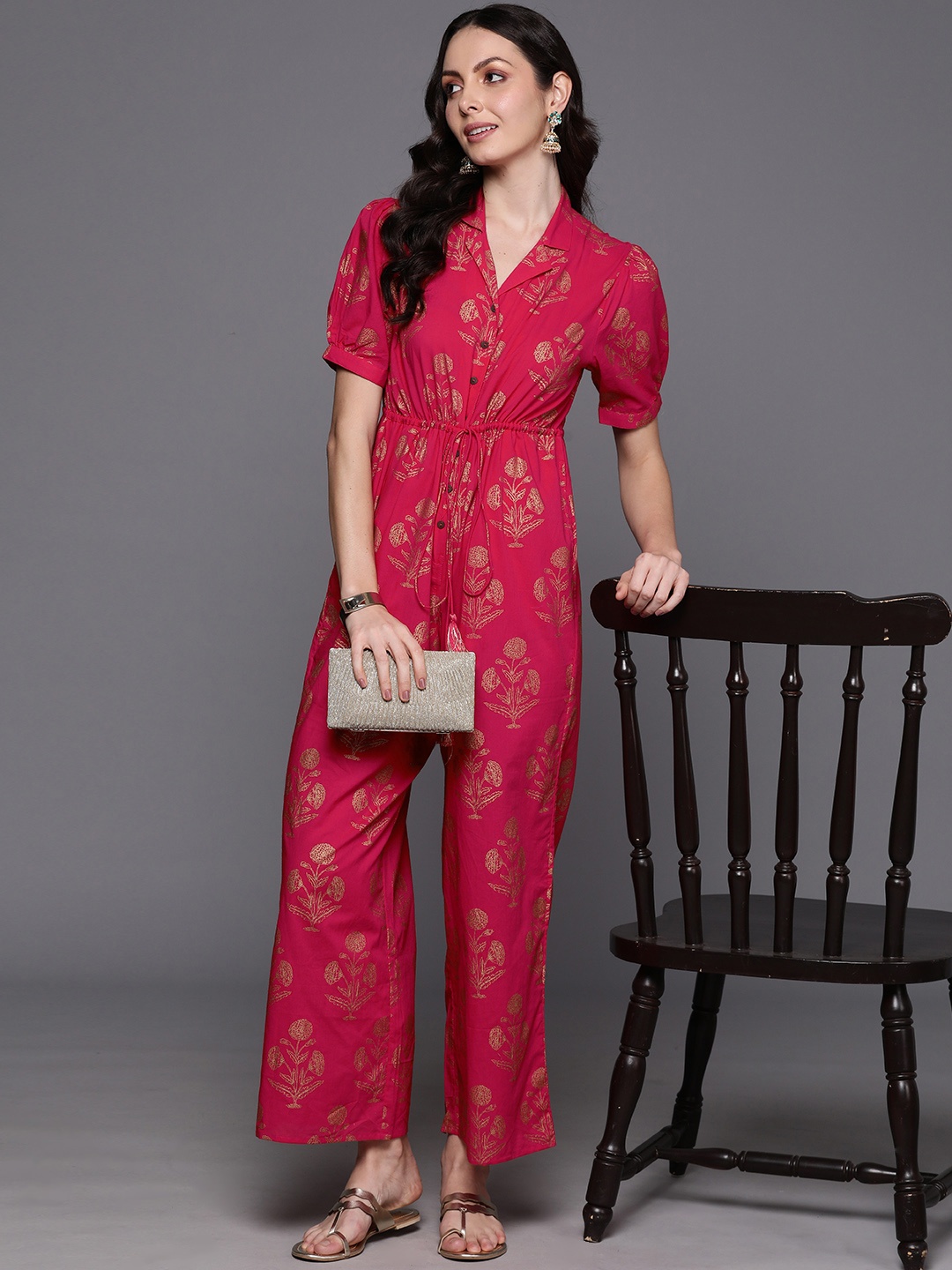 

Indo Era Printed Puff Sleeves Basic Jumpsuit With Waist Tie-Ups Detail, Pink