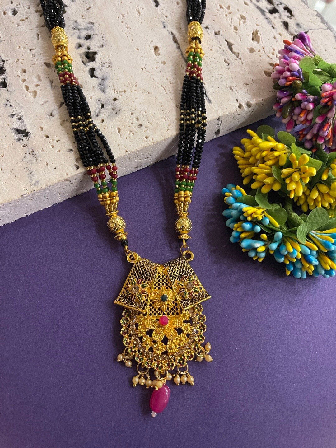 

Digital Dress Room Gold-Plated Stone-Studded Beaded Mangalsutra, Black