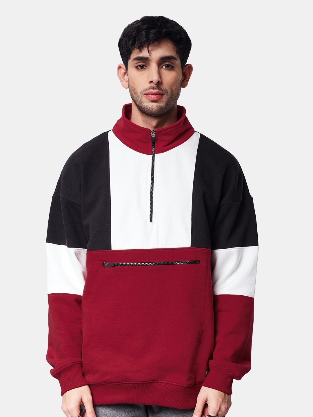

The Souled Store Men Mock Neck Colourblocked Cotton Oversized Sweatshirt, Red