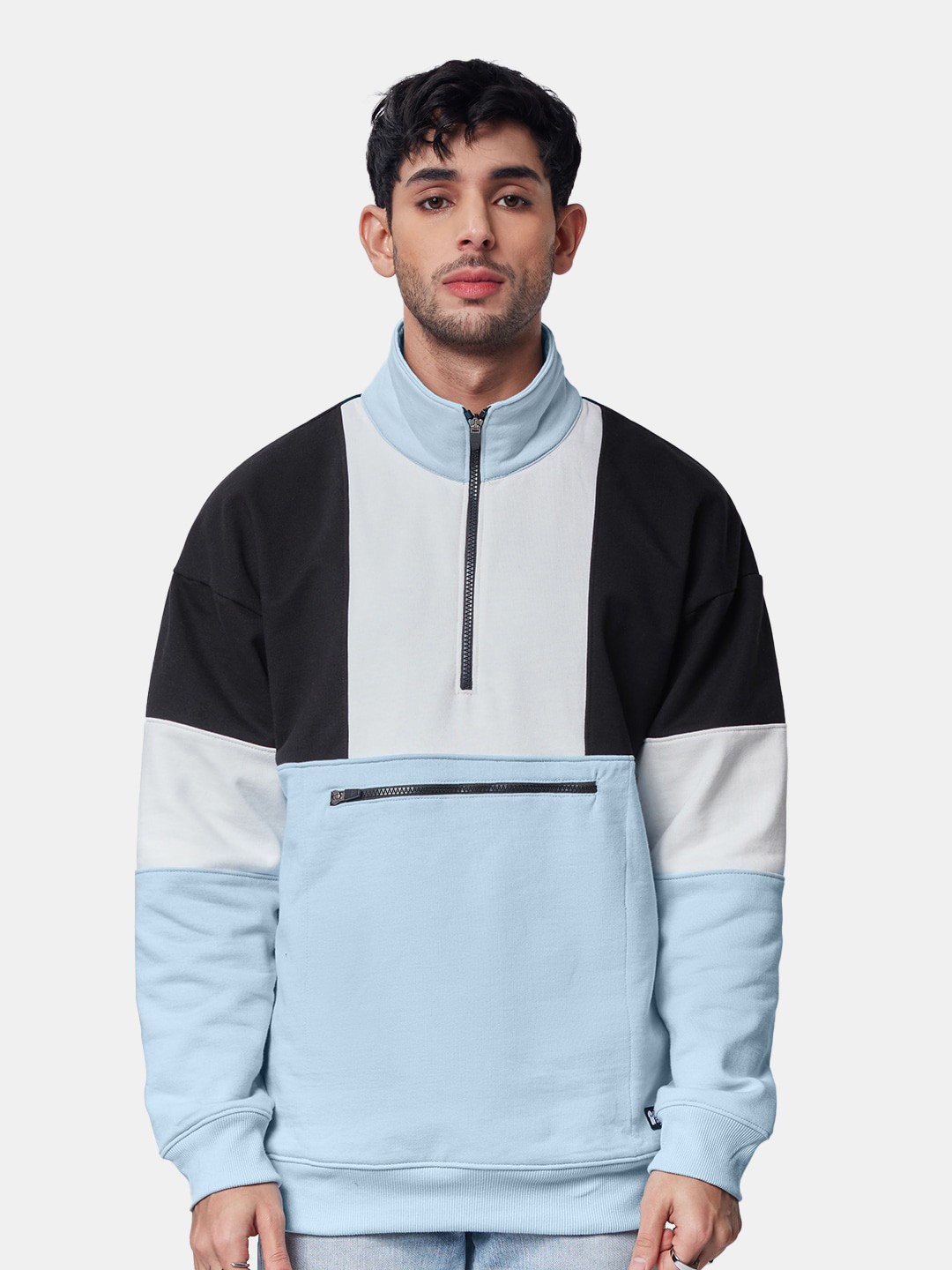 

The Souled Store Men Mock Neck Colourblocked Cotton Oversized Sweatshirt, Blue