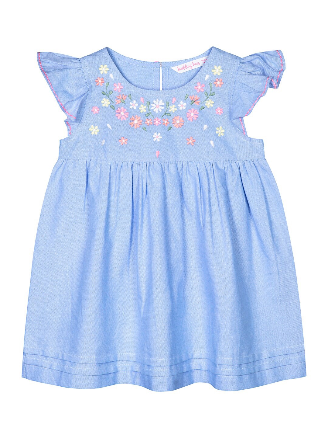 

Budding Bees Infant Girls Embroidered Gathered Cotton A-Line Dress, Blue