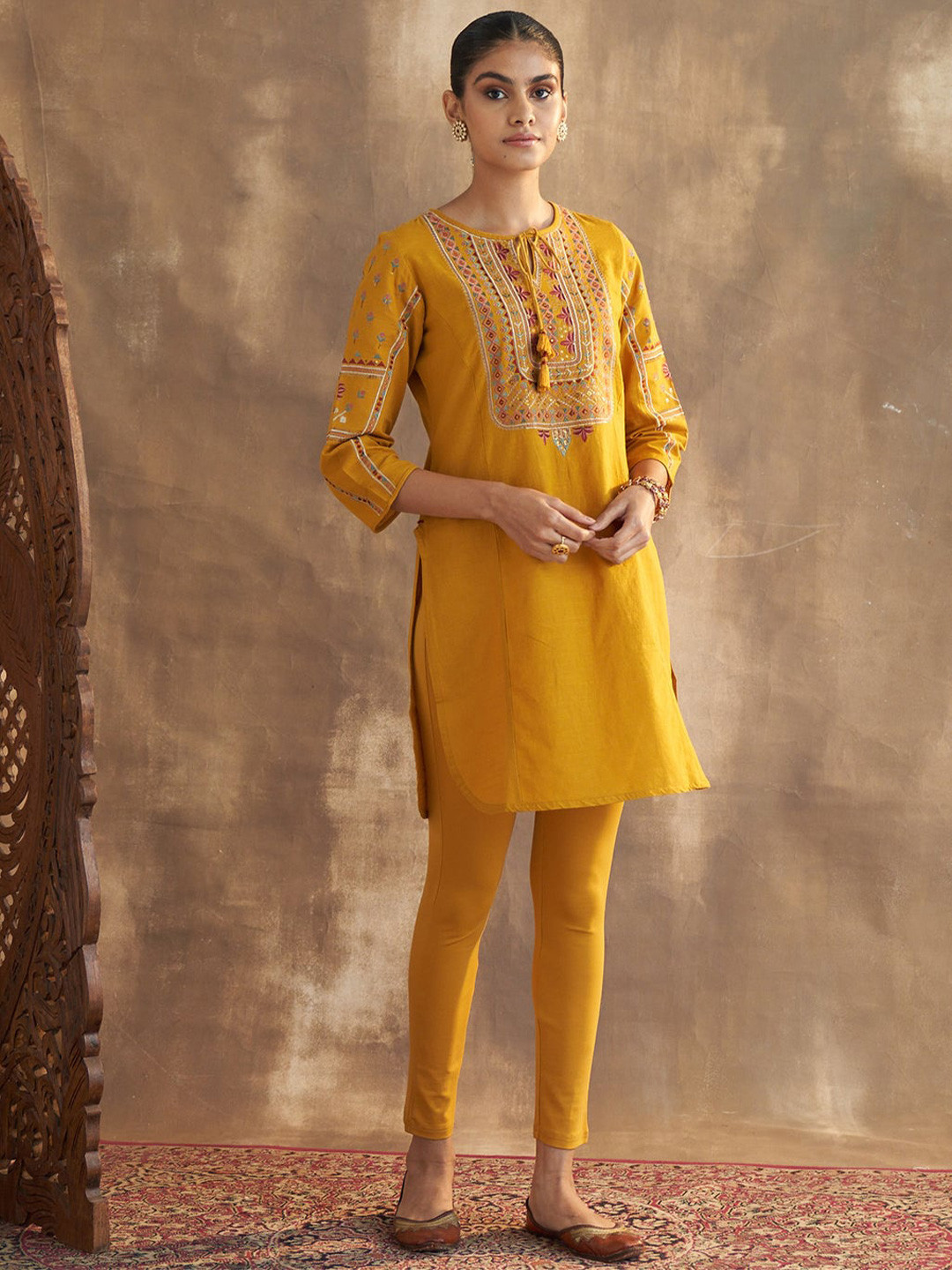 

Lakshita Ethnic Motifs Embroidered Pure Cotton Kurta, Mustard