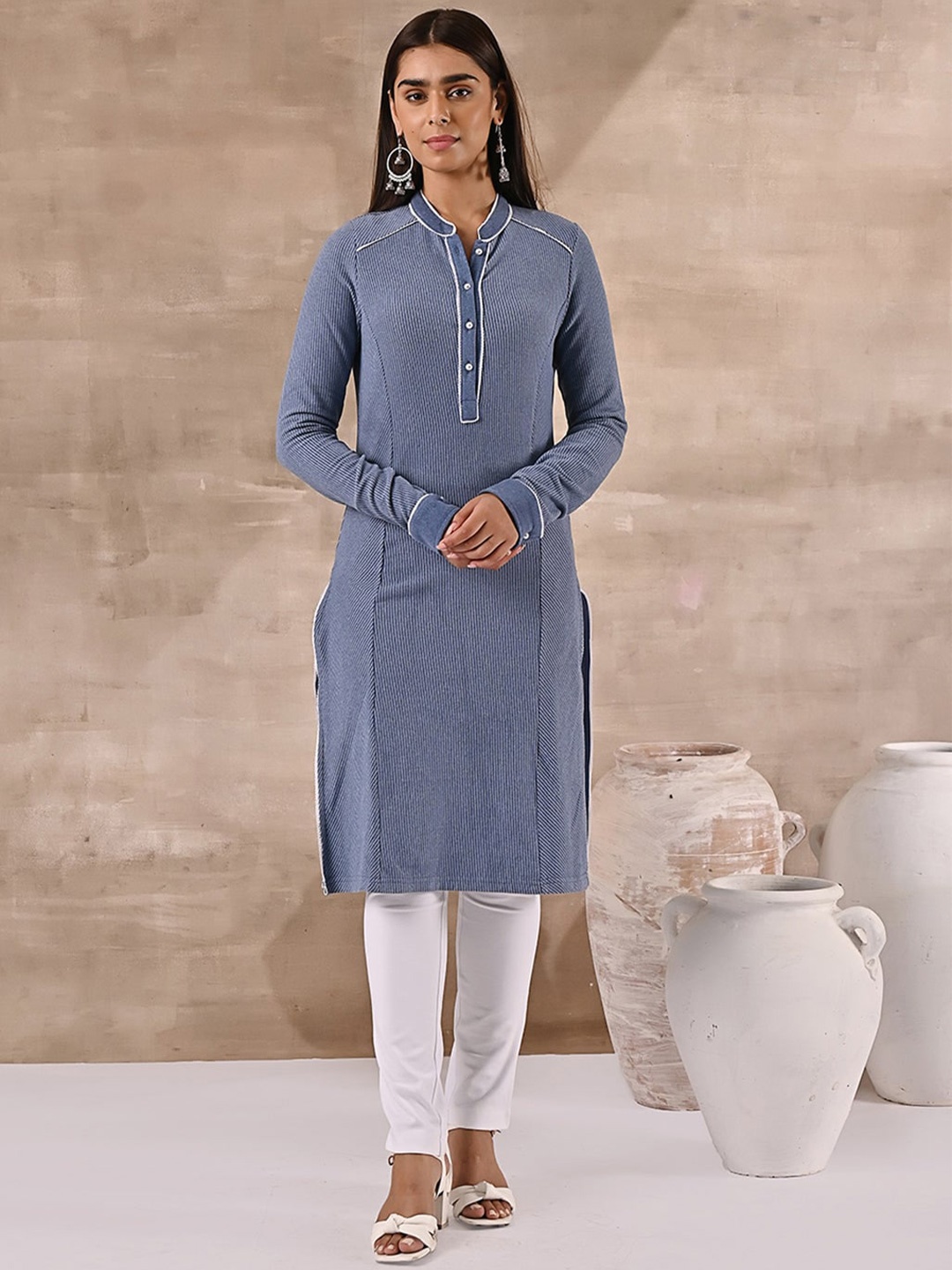 

Lakshita Plus Size Full Sleeve Woolen Striped Kurti, Blue