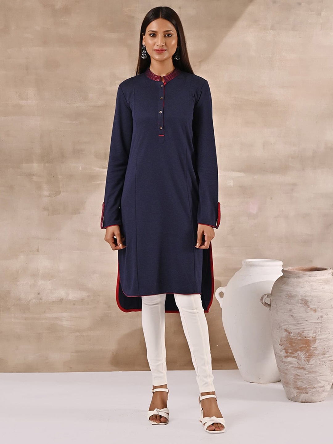 

Lakshita Embroidered Band Collar High Low Denim Kurta, Blue
