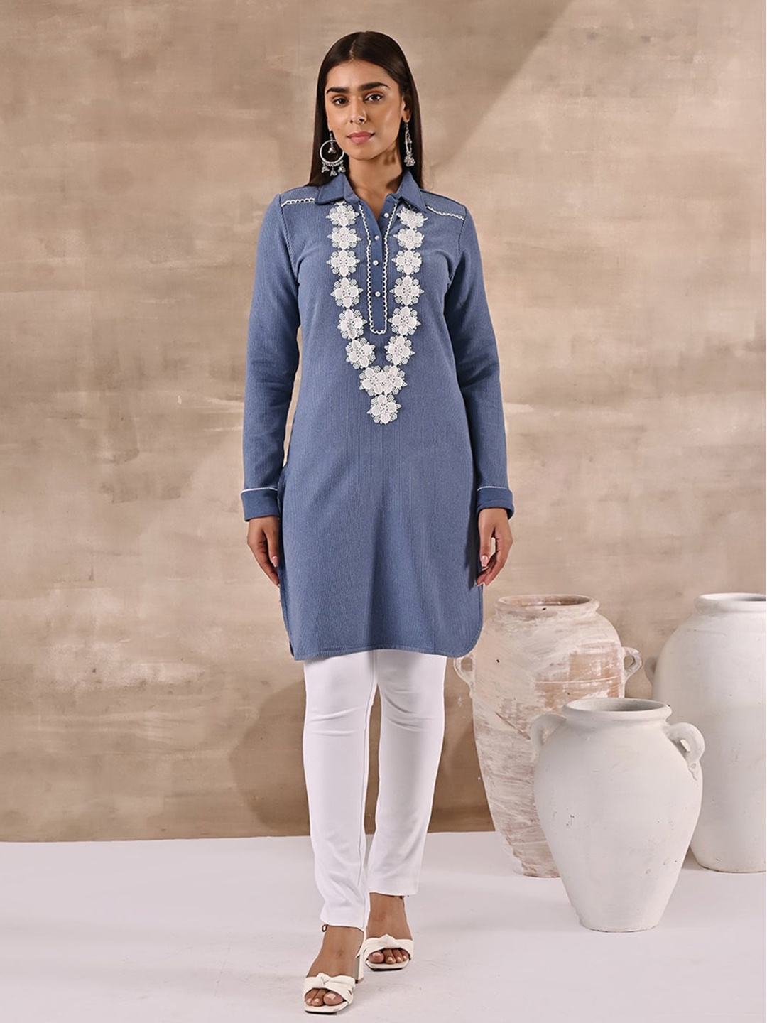 

Lakshita Woolen Striped Shirt Collar Kurta with Lace Work, Blue