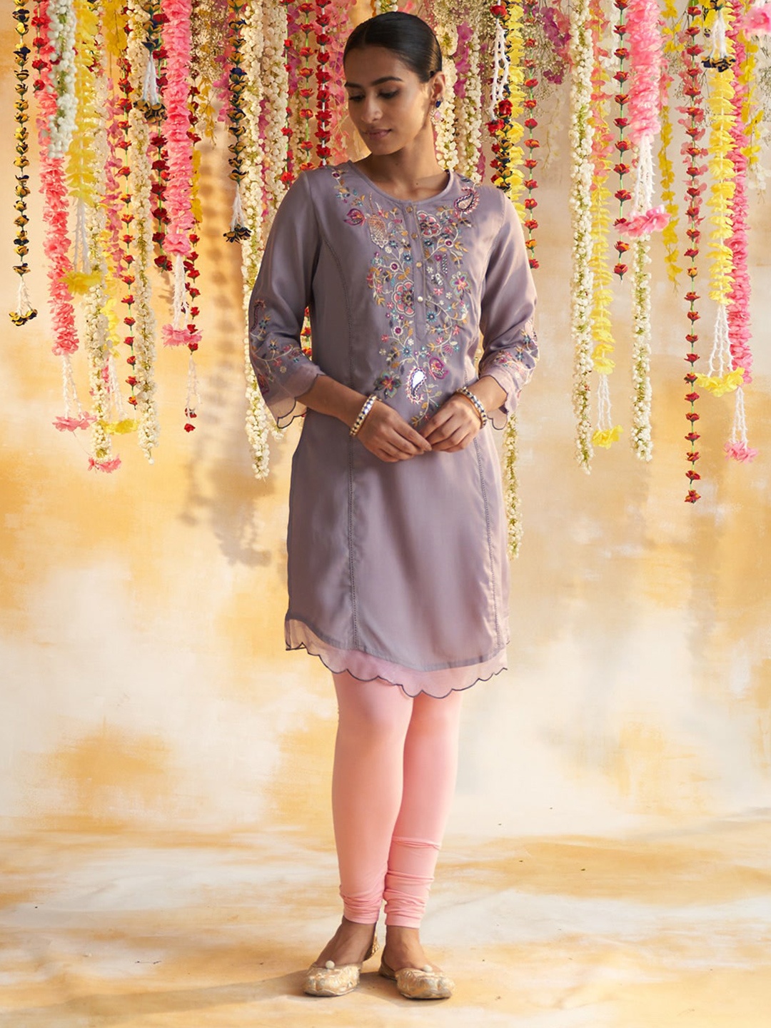 

Lakshita Plus Size Floral Embroidered Thread Work Round Neck A-Line Kurti, Lavender