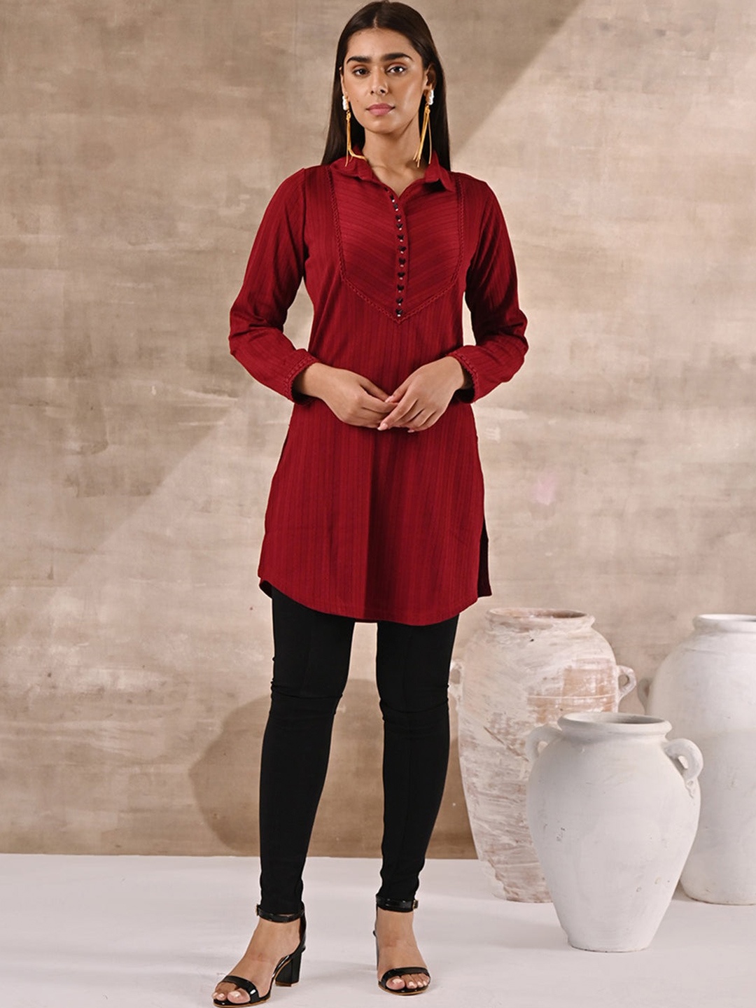 

Lakshita Plus Size Woven Design Woolen Shirt Collar A-Line Kurti, Red