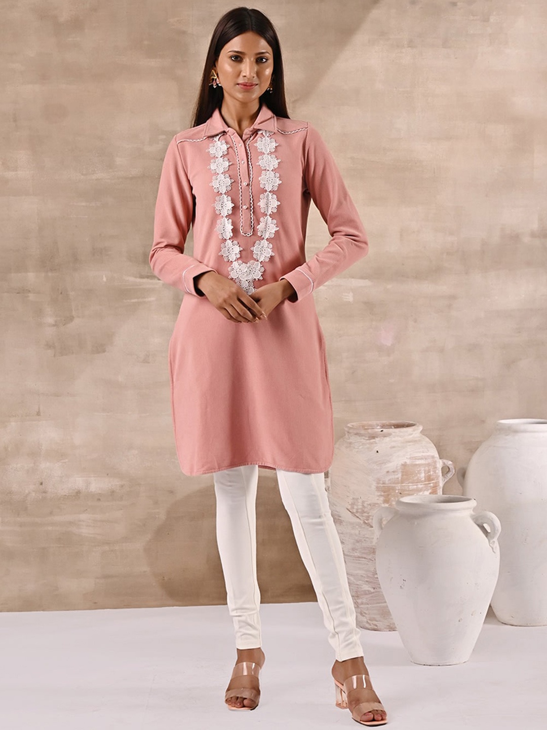 

Lakshita Plus Size Striped Shirt Collar Woolen Long Sleeves Lace Work Kurti, Peach