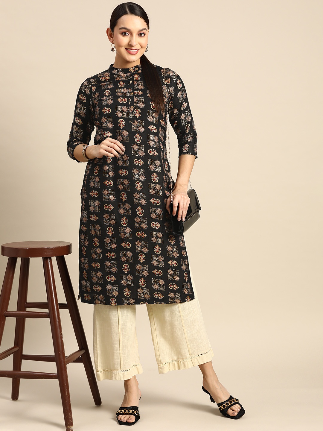 

Anouk Ethnic Motifs Printed Block Print Straight Kurta, Black
