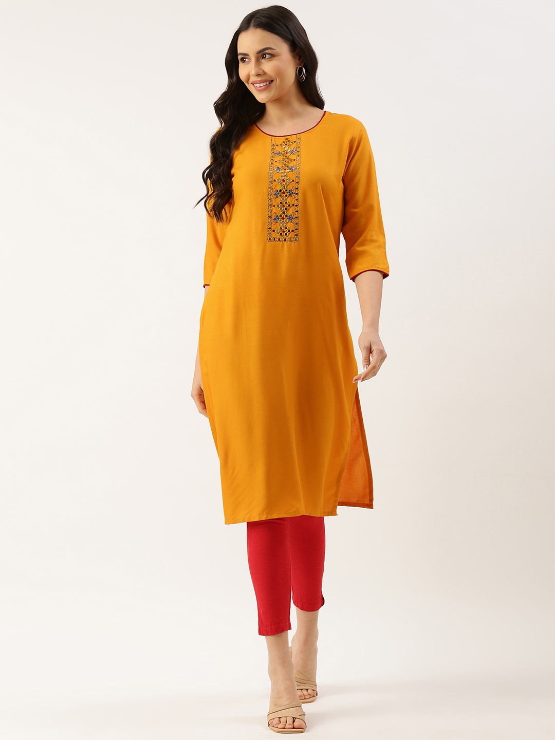 

RACHNA Geometric Embroidered Mirror Work Kurta, Yellow