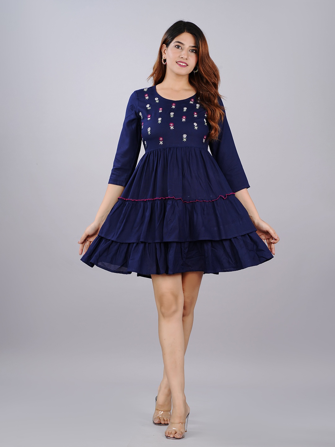 

JAIPURI COLLECTION Floral Embroidered Liva Dress, Navy blue