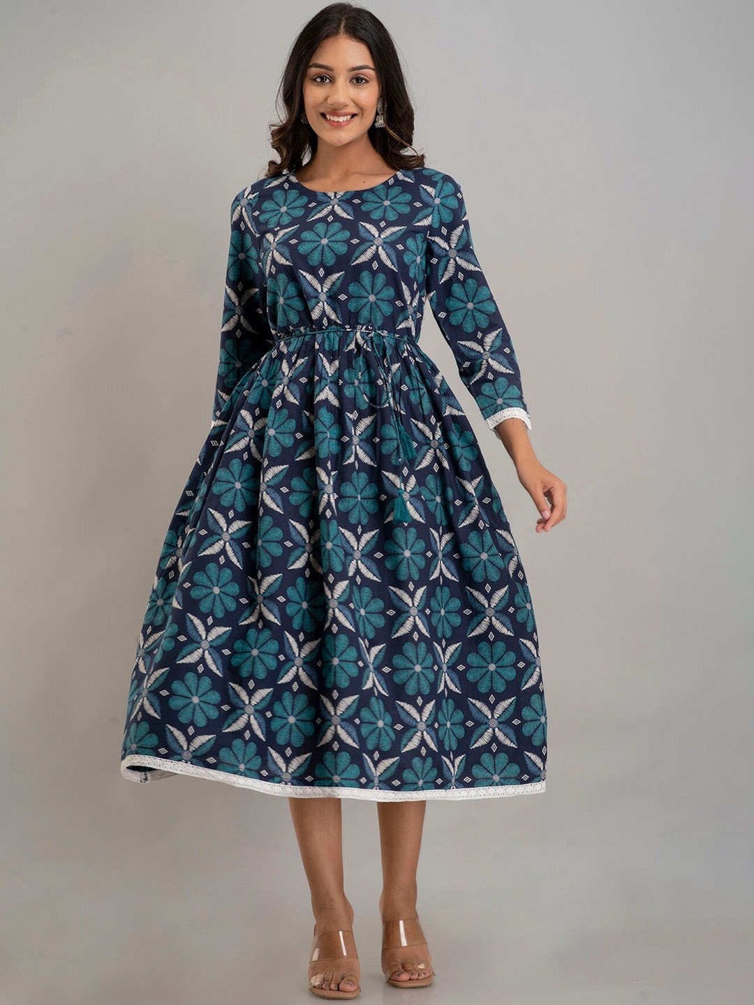 

Sutidora Printed Cotton Flared Dress, Teal